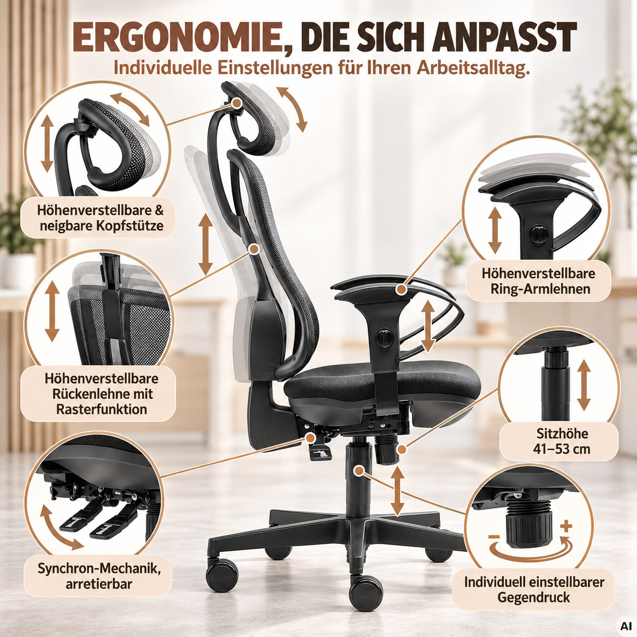Flash Net L mit Kopfstütze - Bürostuhl mit Netzrücken